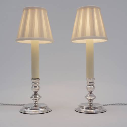 Mappin & Webb vintage pair candlestick table lamps, silver plate, signed, 1980`s ca, English